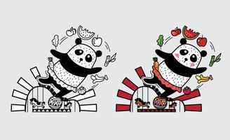 ilustración de panda colorido y blanco y negro aislado para el libro de colorear vector