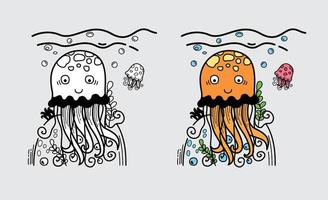 Illustration of isolated colorful and black and white jellyfish for coloring book vector