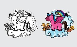 ilustración de unicornio colorido y blanco y negro aislado para el libro de colorear vector