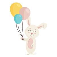 personaje de conejito. lindo, divertido, feliz conejo de dibujos animados de Pascua con tres globos vector