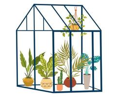 Greenhouse with flowers. Glass orangery, botanical garden green house, flowers and potted plants home gardening. Plants hanging on ropes, growing greenery in pots. Vector cartoon illustration isolate