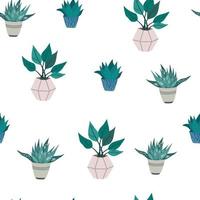 Potted house plant seamless pattern. Foliage houseplant growing in flowerpot. Green leaf decoration for home interior. Natural indoor decor. Hand draw vector illustration isolated on white background