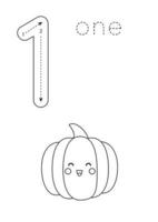 Flashcard number 1. Preschool worksheet. Black and white pumpkin. vector