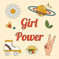 Girl Power. Feminism concept. Groovy Colorful Banner 70s style. Vector Retro Poster, Brochure, Background. Team against discrimination. International Woman Day.