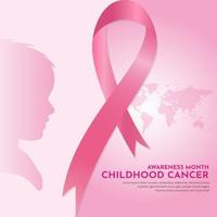 diseño del mes de concientización sobre el cáncer infantil con cinta rosa, mapas del mundo y niño silueta.