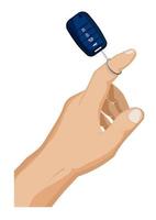 man hand twists a folding car key with remote control on his finger. Car alarm, key fob. Cartoon vector