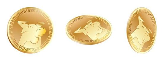 Bull, ox symbol of 2021 new year on gold coin. Good luck, success and wealth in new year. Talisman for money according to the Chinese calendar. Vector on white background