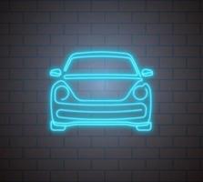 car icon in neon blue backlight on brick wall background. Car driving, maintenance in service center. Road safety. Vector