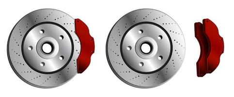 car brake disc with red brake pads. Brake pads, car parts. Maintenance in workshop. Vector in realistic style