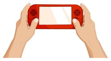 man holds a portable game console, controller for a game. Cartoon vector on white background
