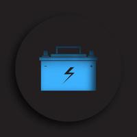 car battery icon with electric charge icon in neomorphism style on a dark background. Maintaining battery power. Service in a car repair shop. Vector