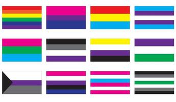 banderas de la identidad sexual. símbolo de gay, bisexual, pansexual, transgénero, polisexual, asexual, no binario, genderqueer, demisexual, fluido de género, intersexual, agénero. vector