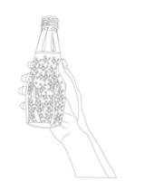 Hand holding a bottle with a drink in doodle style. Vector stock illustration isolated on white background.