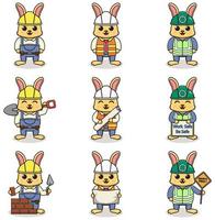 Vector illustration of Rabbit worker, builder, laborer cartoon. Cute Rabbit engineers workers, builders characters isolated cartoon illustration. Vector illustration on white background