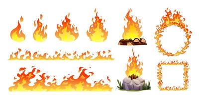 conjunto de llamas de fuego, hoguera ardiente, fogata, bola de fuego, ilustración de vector de dibujos animados de fuego salvaje de calor