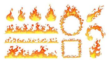 Collection of fire flames, burning bonfire, fireball, heat wildfire, burning effect cartoon illustration vector