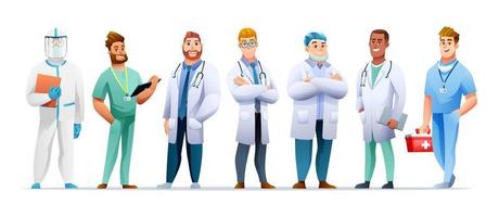 Set of medical men doctor and nurse cartoon characters vector