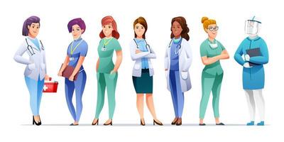 Set of medical women doctor and nurse cartoon characters vector