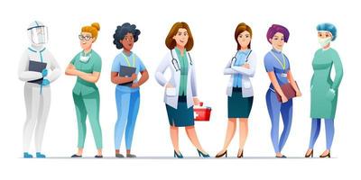 Medical female doctor and nurse cartoon character set