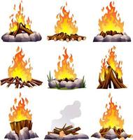 hoguera de chimenea o fogata en diferentes tipos. ilustración de vector de dibujos animados de llamas de leña
