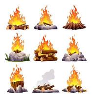 Bonfire sets in different types. Collection of campfire cartoon illustration vector