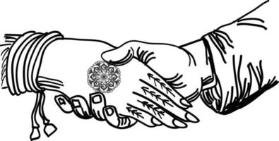 Indian wedding symbol hand of groom and bride, marriage function black and white line drawing clip art illustraiton. Indian wedding clip art vector art .