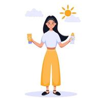 Pretty girl holding sunscreen lotion and spf spray to choose from. Sun protect skin concept. Vector flat illustration.