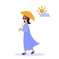 Woman protected by umbrella from ultraviolet light. UV protection for skin. Isolated vector illustration.