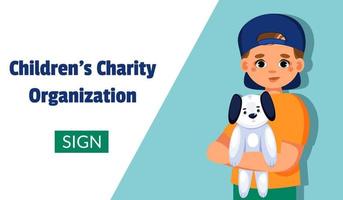 Cute boy holding toy in his hands. Charitable support of children concept. Charity society protecting, upbringing assistive aid orphans organization. Vector web banner.