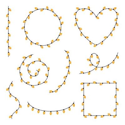 Set of festive garlands on cable in flat style. Frame of garland in the shape of a heart, circle, square and others. Decoration, holiday concept.