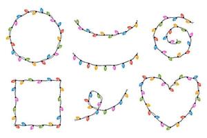 WSet of festive multicolored garlands on cable in flat style. Frame of garland in the shape of a heart, circle, square and others. Decoration, holiday concept. vector