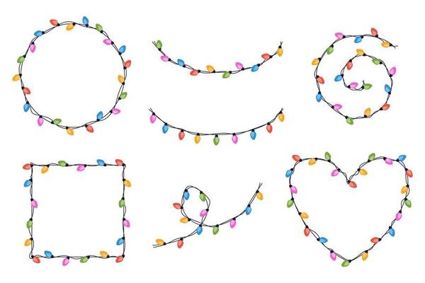 WSet of festive multicolored garlands on cable in flat style. Frame of garland in the shape of a heart, circle, square and others. Decoration, holiday concept.