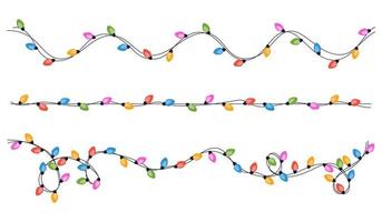 Set of festive multicolored garlands on cable in flat style. Decoration, holiday concept. vector