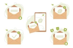 Open mail envelopes with email sign, new message, letter, check mark. Sending advertising emails, offering discount, sale. Email management concept. Vector icons set.