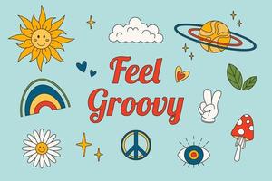 1960-1969 retro groovy poster. Psychedelic groovy collection - chamomile, rainbow, mushroom, eye, victory sign, and other. Vector web banner in hippie style.