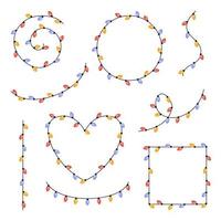 Set of festive multicolored garlands on cable in flat style. Frame of garland in the shape of a heart, circle, square and others. Decoration, holiday concept. vector