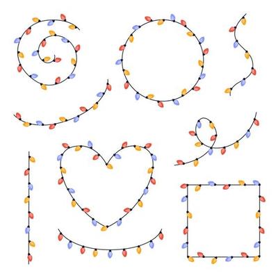 Set of festive multicolored garlands on cable in flat style. Frame of garland in the shape of a heart, circle, square and others. Decoration, holiday concept.