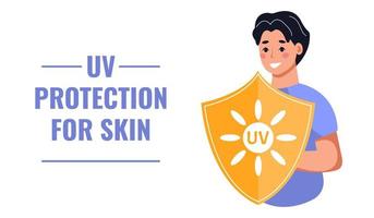 pancarta con hombre protegido por pantalla ultravioleta de la luz ultravioleta. concepto de protección uv para la piel, cuidado de la salud, protección contra las quemaduras solares, prevención del cáncer de piel. ilustración vectorial en estilo plano. vector