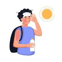 Human have heat stroke. Dehydration, sun overheating, hot summer concept. Red skin, headache, perspire symptoms. Vector flat illustration.