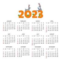 calendario mensual con conejitos para 2023 años. semana comienza el domingo. lindos conejos de dibujos animados sentados en números de zanahoria y leyendo libros. vector