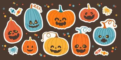 Halloween jack o lantern pumpkin set of different shapes and colors vector illustration