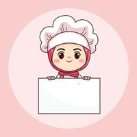 Cute and kawaii hijab female chef or baker with white board cartoon manga chibi vector character design