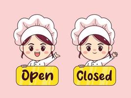 Cute and kawaii female chef or baker with open closed board cartoon manga chibi vector character design