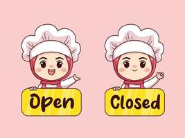 linda y kawaii hijab chef o panadera con tablero cerrado abierto dibujos animados manga chibi vector diseño de personajes