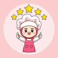 Cute and kawaii hijab female chef or baker with thumbs up and five stars cartoon manga chibi vector character design