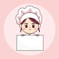 Cute and kawaii female chef or baker with white board cartoon manga chibi vector character design