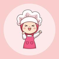 Happy cute and kawaii hijab female chef or baker cartoon manga chibi vector character design