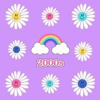 Y2k groovy template. Trippy smiley daisies and colorful rainbow on purple background. 2000s vibes elements. Cartoon sticker, poster, postcard. Psychedelic hand drawn vector illustration.