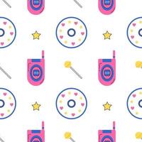 Y2k old mobile groovy pattern. Old pink mobile phone, yellow lollipop, compact disc, star on white background. 2000s retro pattern. Template for design. Vector illustration in flat style.