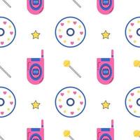 Y2k old mobile groovy pattern. Old pink mobile phone, yellow lollipop, compact disc, star on white background. 2000s retro pattern. Template for design. Vector illustration in flat style.